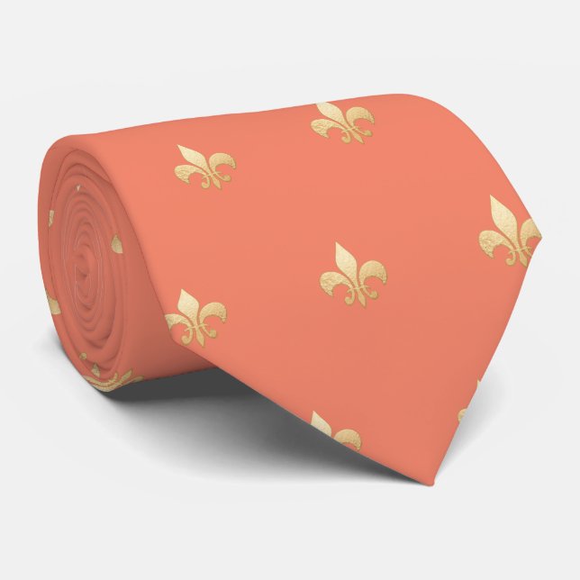 Faux Gold Fleur de lis DIY Coral Orange Tie (Rolled)