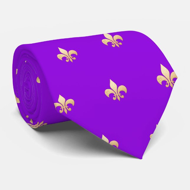 Faux Gold Fleur de lis DIY Neon Purple  Tie (Rolled)