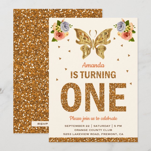 Faux Gold Floral Butterfly First Birthday Party Invitation (Front/Back)