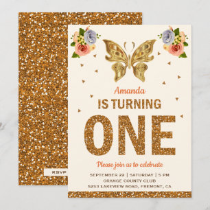 Faux Gold Floral Butterfly First Birthday Party Invitation