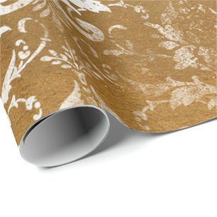 Faux Gold Floral Cottage Grungy Damask White Royal Wrapping Paper