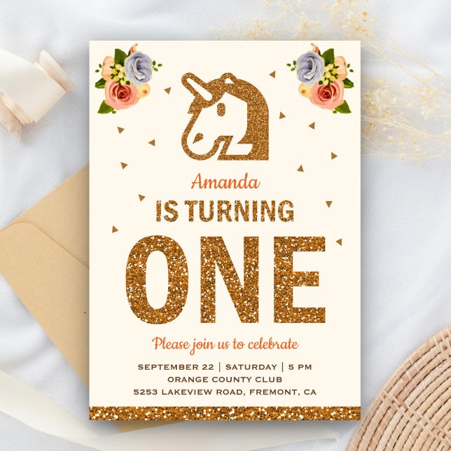 Faux Gold Floral Unicorn First 1st Birthday Party Invitation (Creator Uploaded)