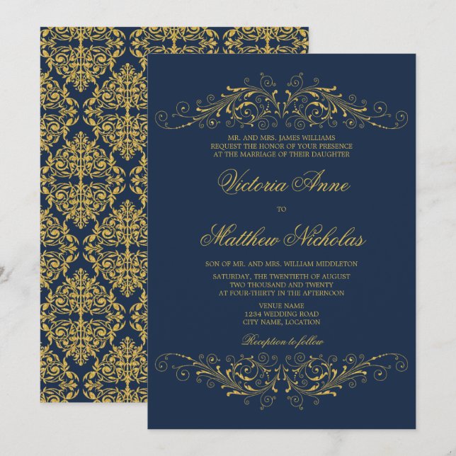 Faux Gold Flourish Damask Navy Blue Invitation (Front/Back)