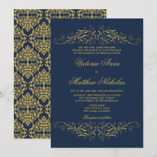 Faux Gold Flourish Damask Navy Blue Invitation