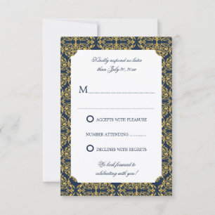 Faux Gold Flourish Damask Navy Blue RSVP Invitation
