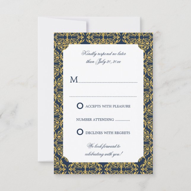 Faux Gold Flourish Damask Navy Blue RSVP Invitation (Back)