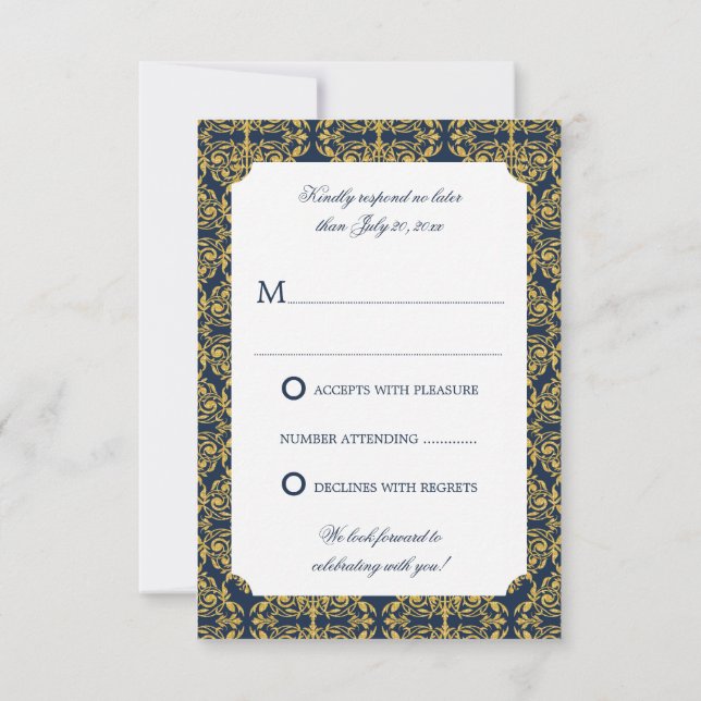 Faux Gold Flourish Damask Navy Blue RSVP Invitation (Back)