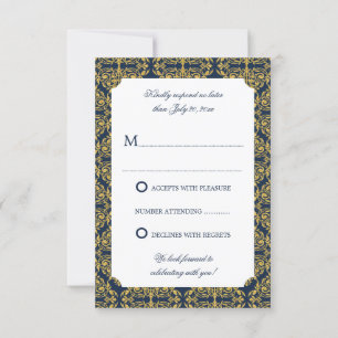 Faux Gold Flourish Damask Navy Blue RSVP Invitation