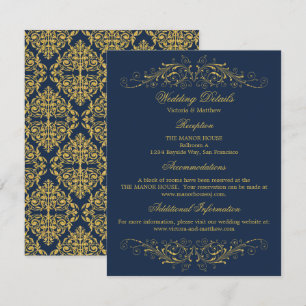 Faux Gold Flourish Damask Navy Wedding Details Invitation