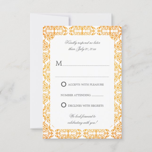 Faux Gold Flourish Damask RSVP Invitation (Back)