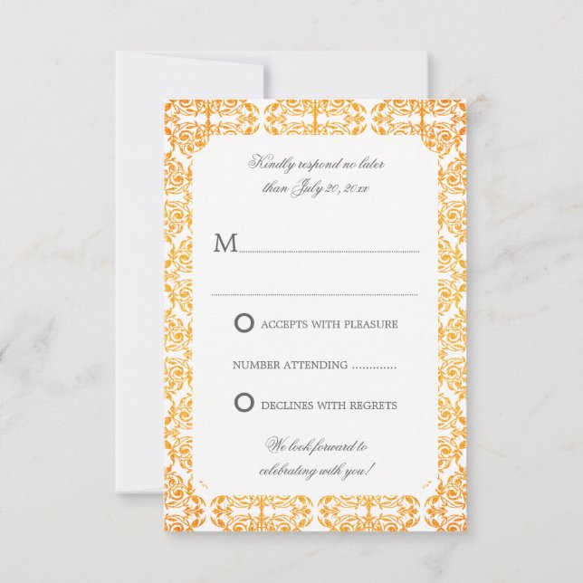 Faux Gold Flourish Damask RSVP Invitation (Back)
