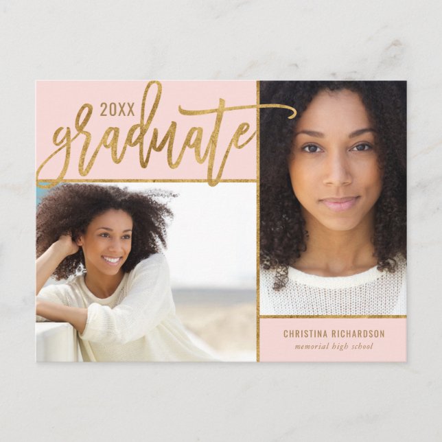 Faux Gold Foil 2 Photo Graduation Announcement Postcard (Front)