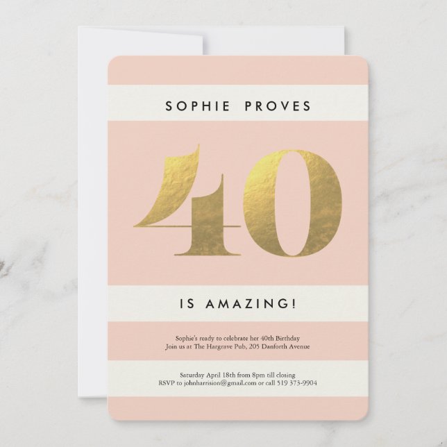 Faux Gold Foil 40th Birthday Invitation // Blush (Front)