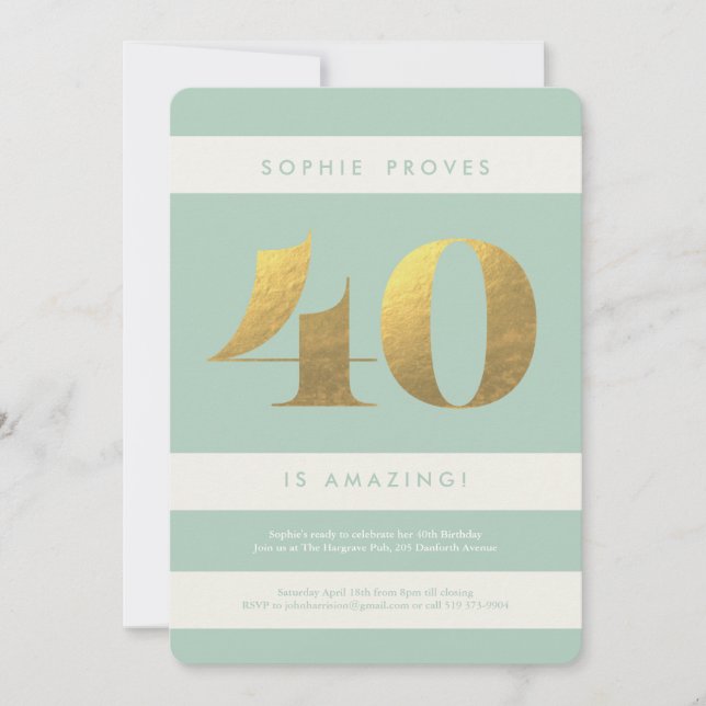 Faux Gold Foil 40th Birthday Invitation // Mint (Front)