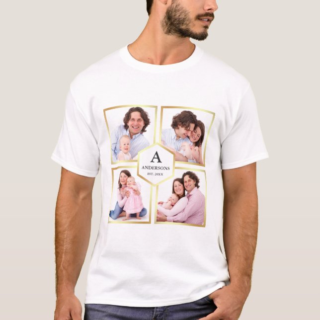 Faux Gold Foil 4 Pictures Family Photo Collage T-Shirt (Front)