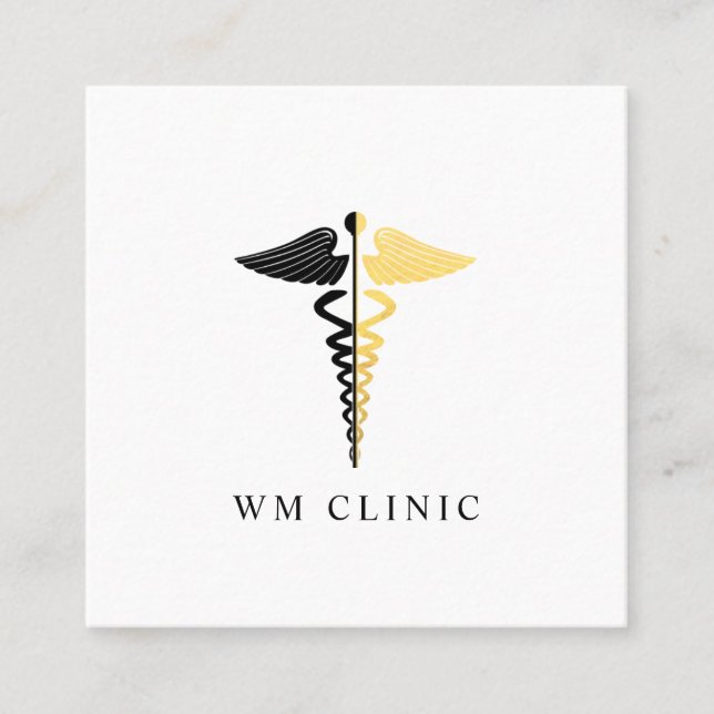 Faux Gold Foil and Black Caduceus Symbol Square Business Card (Front)
