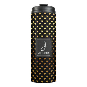 Faux Gold Foil and Black Heart Pattern Monogram Thermal Tumbler