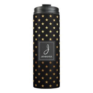 Faux Gold Foil and Black Star Pattern Monogram Thermal Tumbler