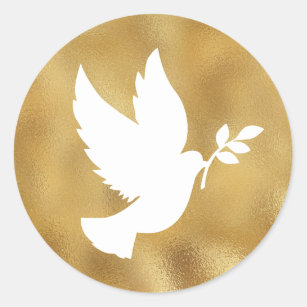 Faux Gold Foil and White Peace Dove Classic Round Sticker
