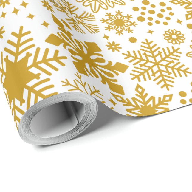 Faux Gold Foil and White Snowflakes Holiday Wrapping Paper (Roll Corner)