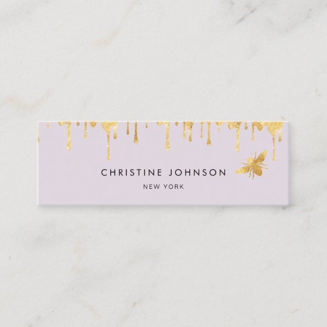 faux gold foil bee  and honey on lavender mini business card (Front)