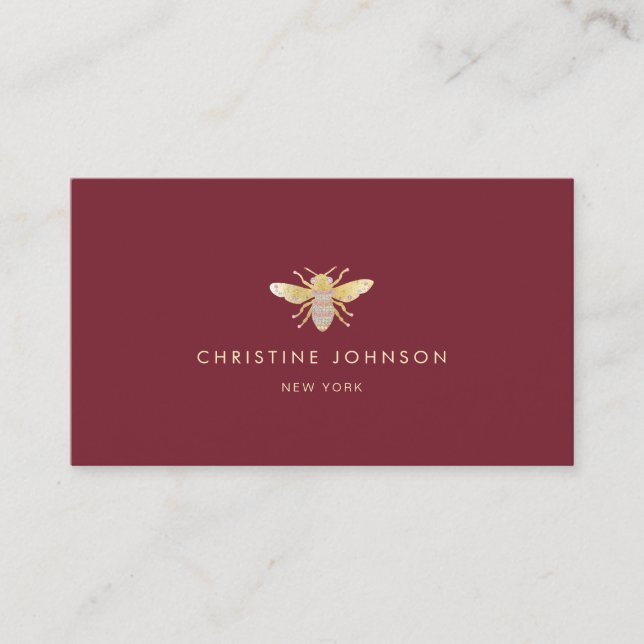 faux gold foil bee jewel on dark red business card (Front)