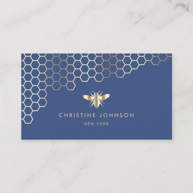 faux gold foil bee on blue business card (Front)