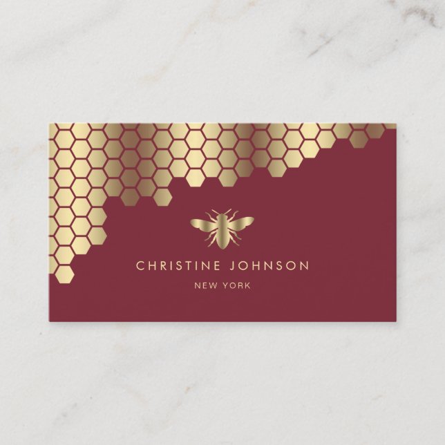faux gold foil bee on dark red business card (Front)