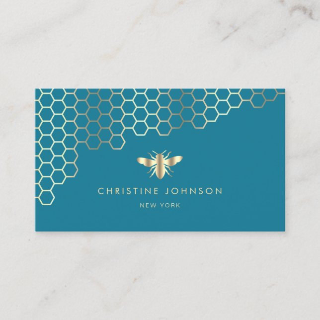 faux gold foil bee on mosaic blue business card (Front)