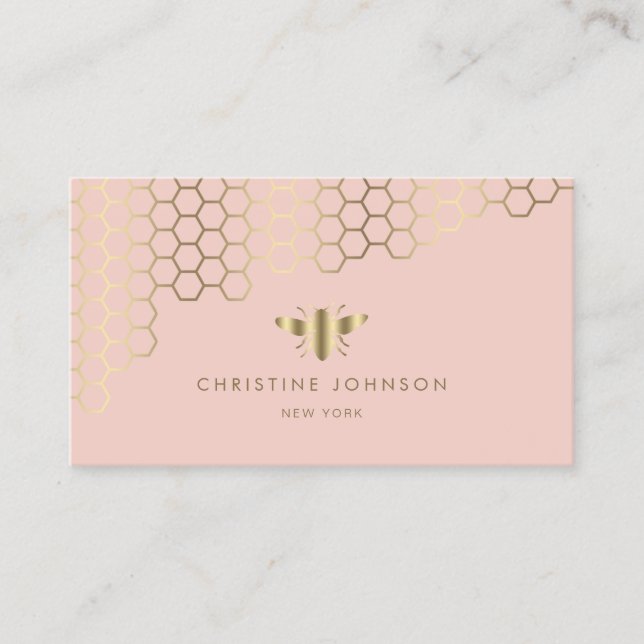 faux gold foil bee on pink blush business card (Front)