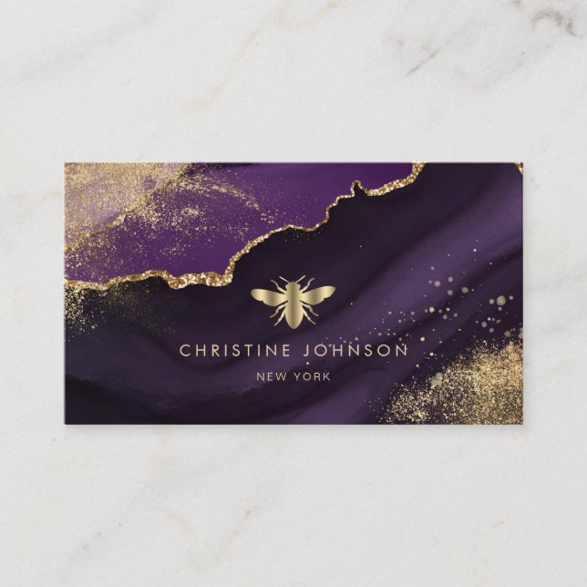 faux gold foil bee on purple agate business card (Front)