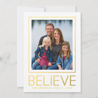 Faux Gold Foil Believe Modern Frame Holiday Photo Card