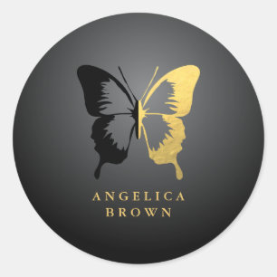 Faux Gold Foil & Black Butterfly Classic Round Sticker