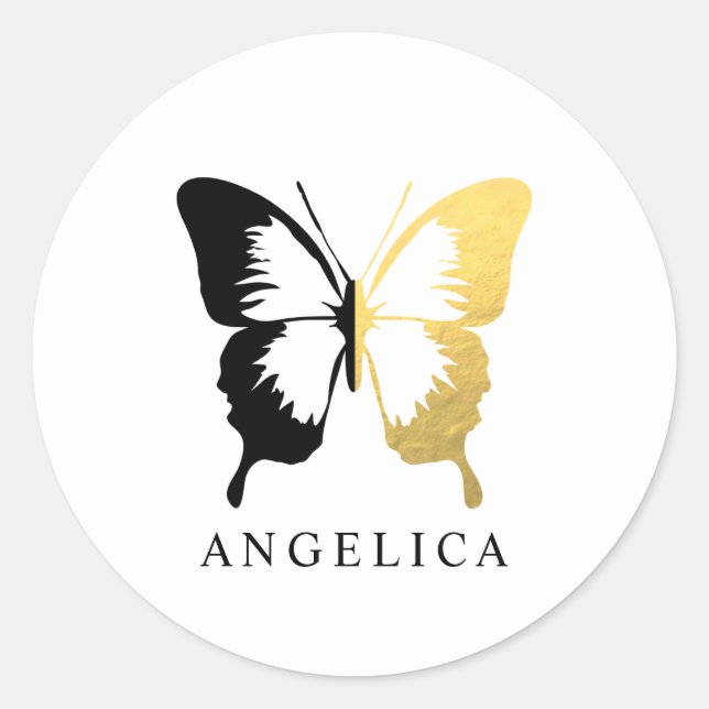 Faux Gold Foil & Black Butterfly Classic Round Sticker (Front)