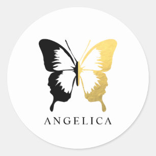 Faux Gold Foil & Black Butterfly Classic Round Sticker
