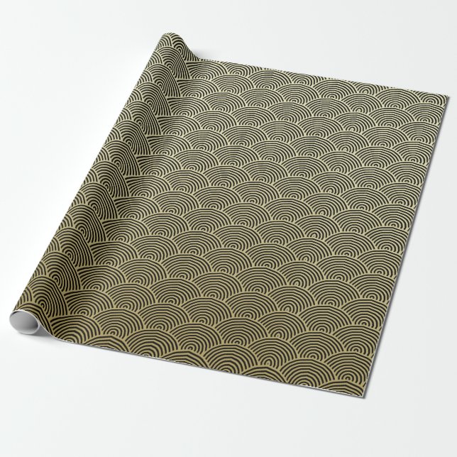 Faux Gold Foil Black Circle Fan Pattern Wrapping Paper (Unrolled)