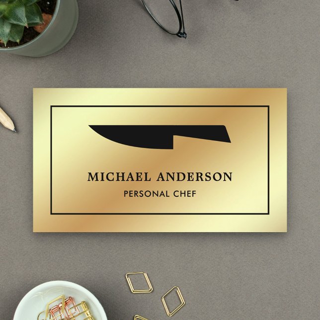 Faux Gold Foil Black Kitchen Knife Personal Chef Business Card (Creator Uploaded)