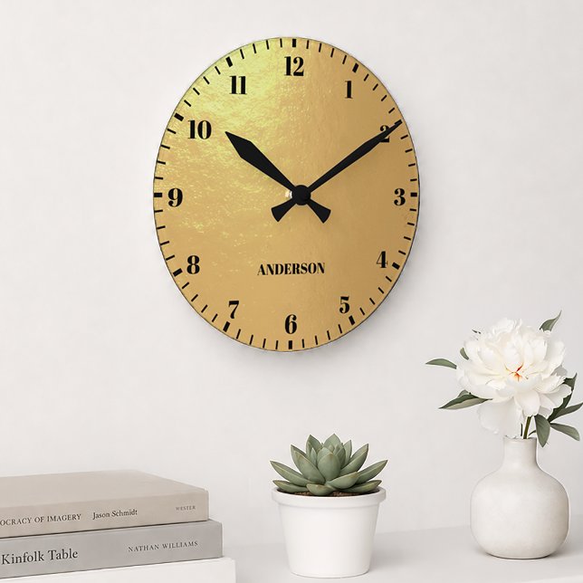 Faux Gold Foil Black Numbers Custom Name  Round Clock (Creator Uploaded)