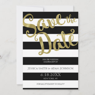 Faux Gold Foil Black & White Stripes Save the Date