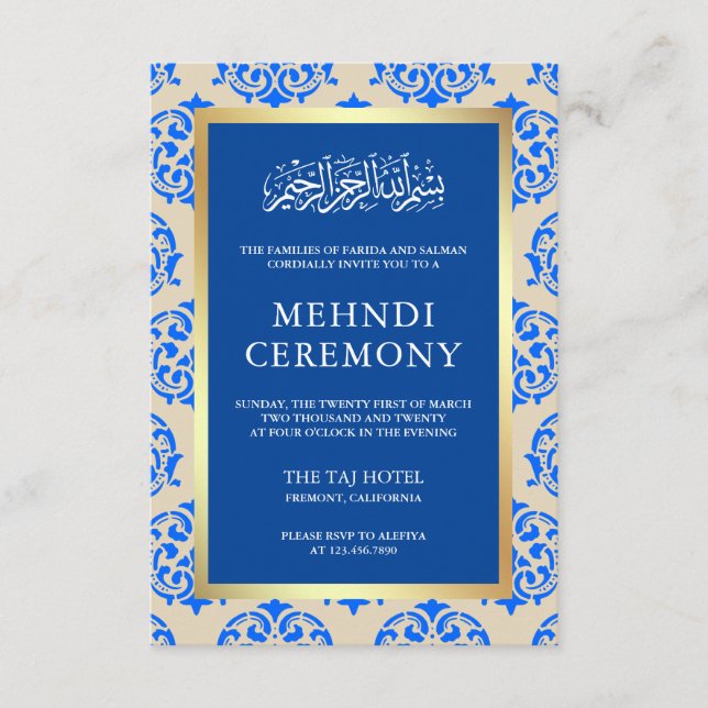 Faux Gold Foil Blue Damask Islamic Mehndi Ceremony Enclosure Card (Front)