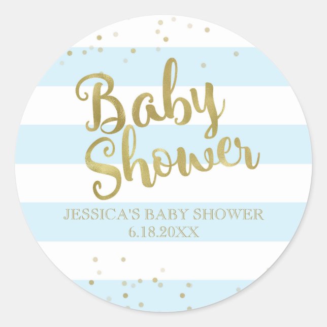 Faux Gold Foil Blue Stripes Baby Shower Boy Favour Classic Round Sticker (Front)
