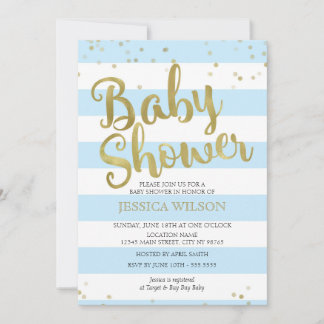 Faux Gold Foil, Blue Stripes Baby Shower Boy Invitation