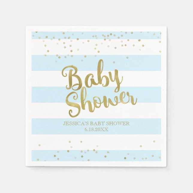 Faux Gold Foil, Blue Stripes Baby Shower Boy Napkin (Front)