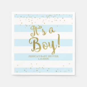 Faux Gold Foil, Blue Stripes Baby Shower Its a Boy Napkin