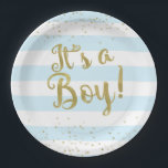 Faux Gold Foil Blue Stripes Baby Shower Its a Boy Paper Plate<br><div class="desc">These adorably trendy baby shower plates feature modern blue and white stripes with faux gold foil confetti. "It's a Boy!" text is also done in a pretty faux gold foil style. Perfectly modern and super sweet! Friends and family will love the simple, modern elegance. See my shop for coordinating items...</div>