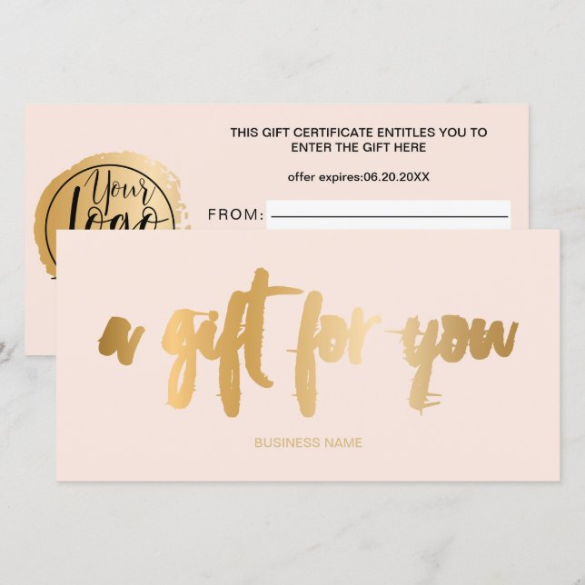 Faux gold foil blush pink logo gift certificate (Front/Back)