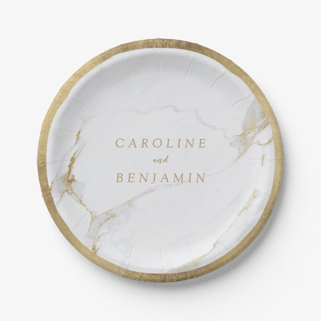 Faux gold foil border marble luxury modern wedding paper plate (Front)