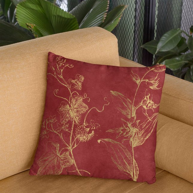 Faux gold foil botanical leaves vintage burgundy cushion (Creator Uploaded)