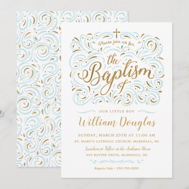 Faux Gold Foil Boy Baptism Invitation (Front/Back)