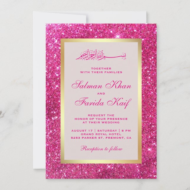 Faux Gold Foil Bright Pink Glitter Islamic Wedding Invitation (Front)